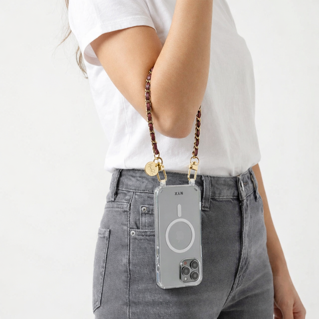 צמיד זהב ועור בורדו| דגם קלייר