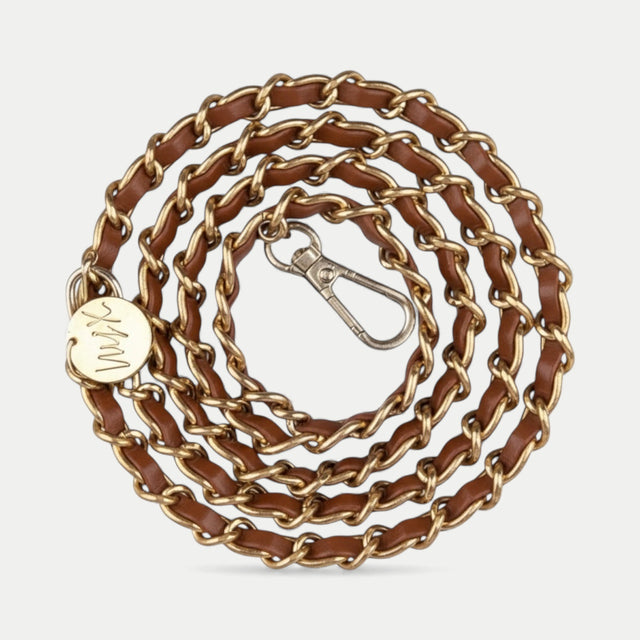 שרשרת לטלפון- זהב ועור חום|דגם קלייר