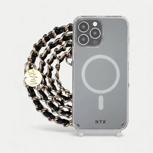 שרשרת לטלפון -זהב ועור שחור|דגם קלייר