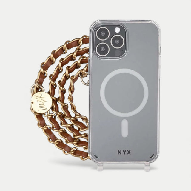 שרשרת לטלפון- זהב ועור חום|דגם קלייר