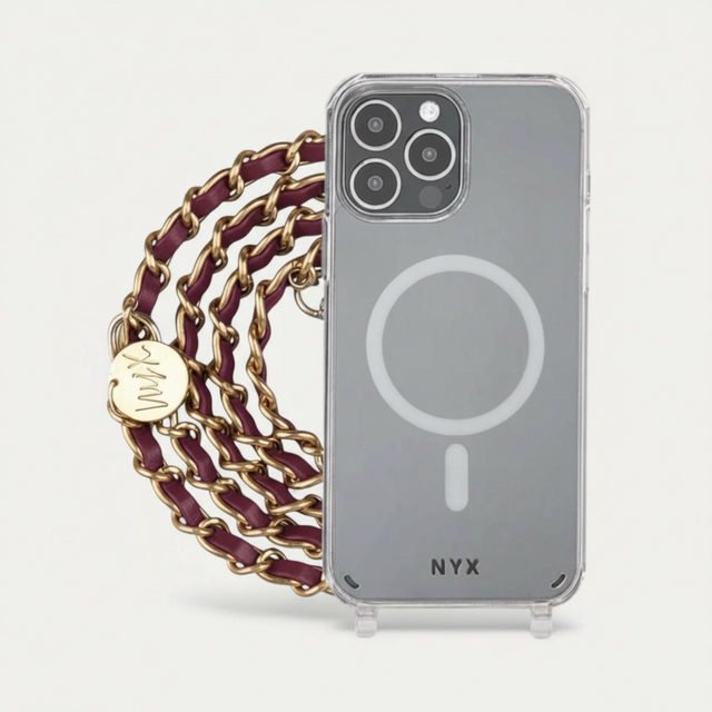 שרשרת לטלפון זהב ועור בורדו|דגם קלייר