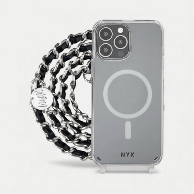 שרשרת לטלפון -כסוף ועור שחור|דגם קלייר