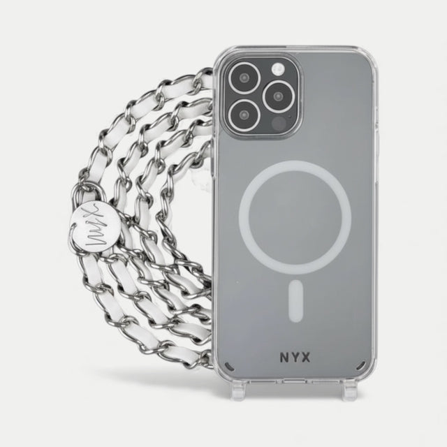 שרשרת לטלפון -כסוף ועור לבן|דגם קלייר