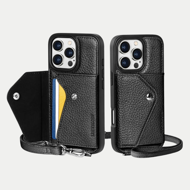 כיסוי עור עם רצועה וארנק - שחור