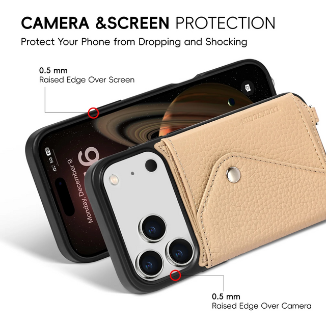 כיסוי עור עם רצועה וארנק - בז׳